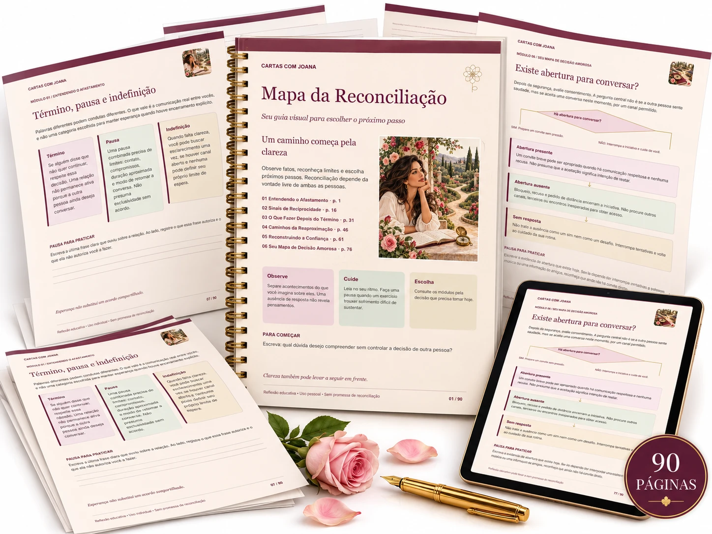 Mockup do Mapa da Reconciliação com livro espiral, páginas e tablet